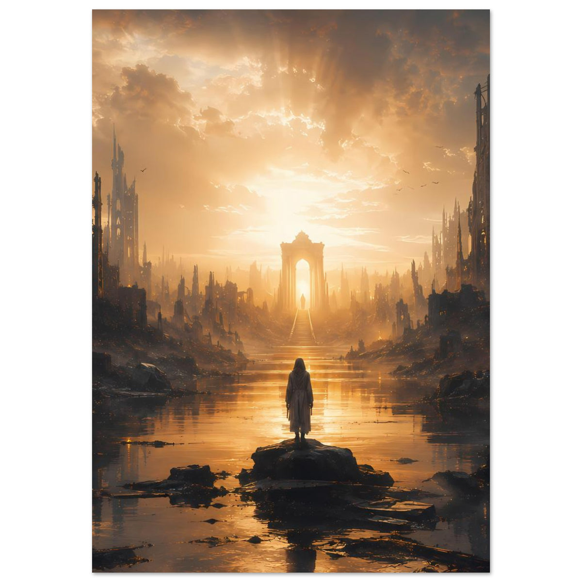 Wandposter mit postapokalyptischer Stadtkulisse, Flusslauf und Figur auf Insel vor goldenem Lichtstrahl