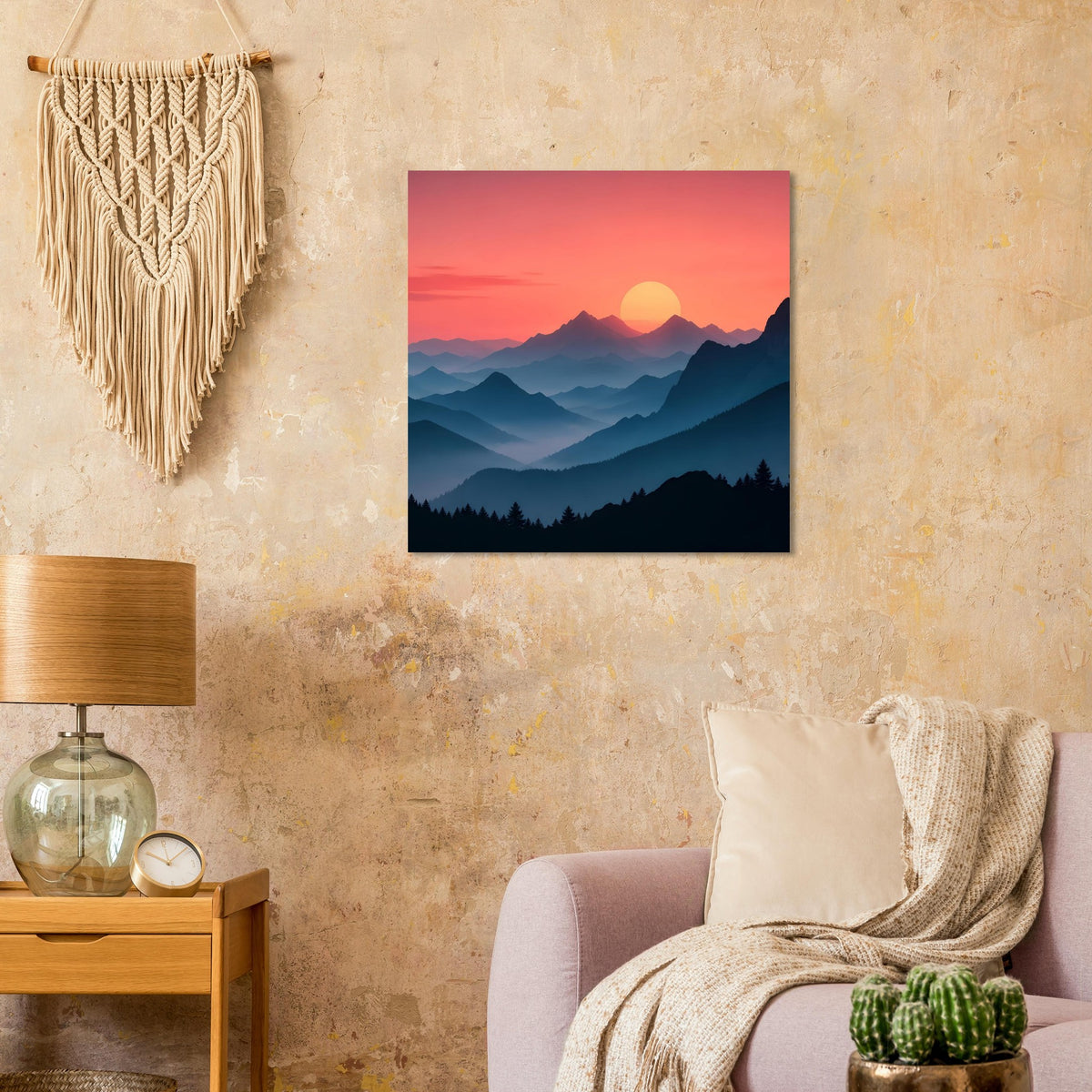 Quadratisches Landschaftsposter mit Sonnenuntergangsfarben und tiefen blauen Talbergen