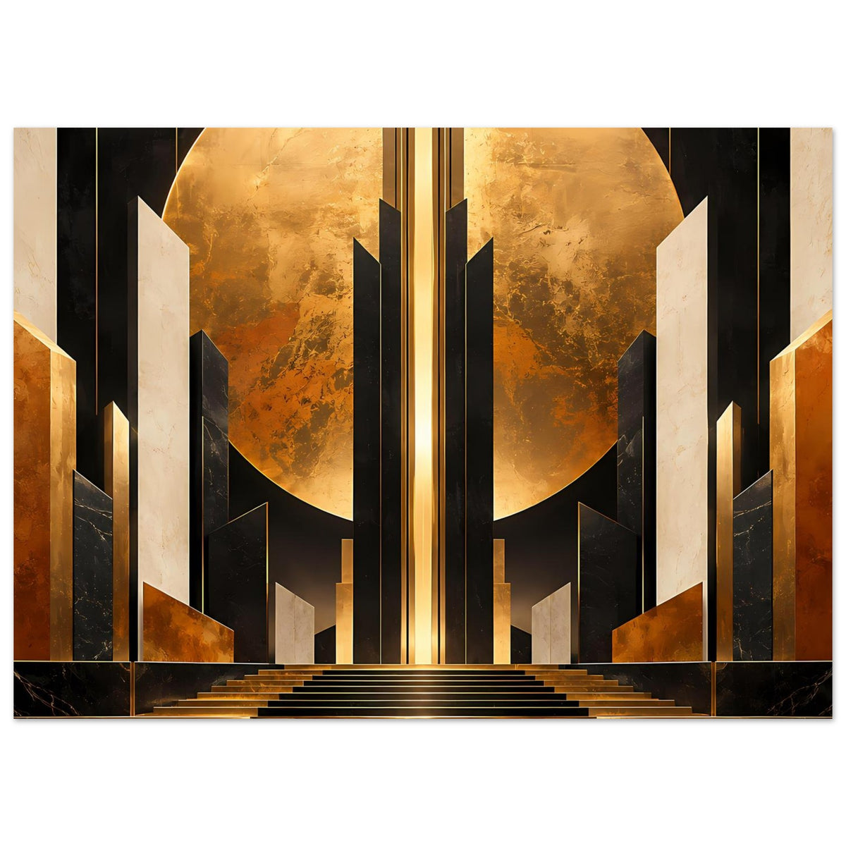 Art-deco Poster mit goldener Halbkugel im Zentrum und schwarzen Säulen, Treppenmotiv unten
