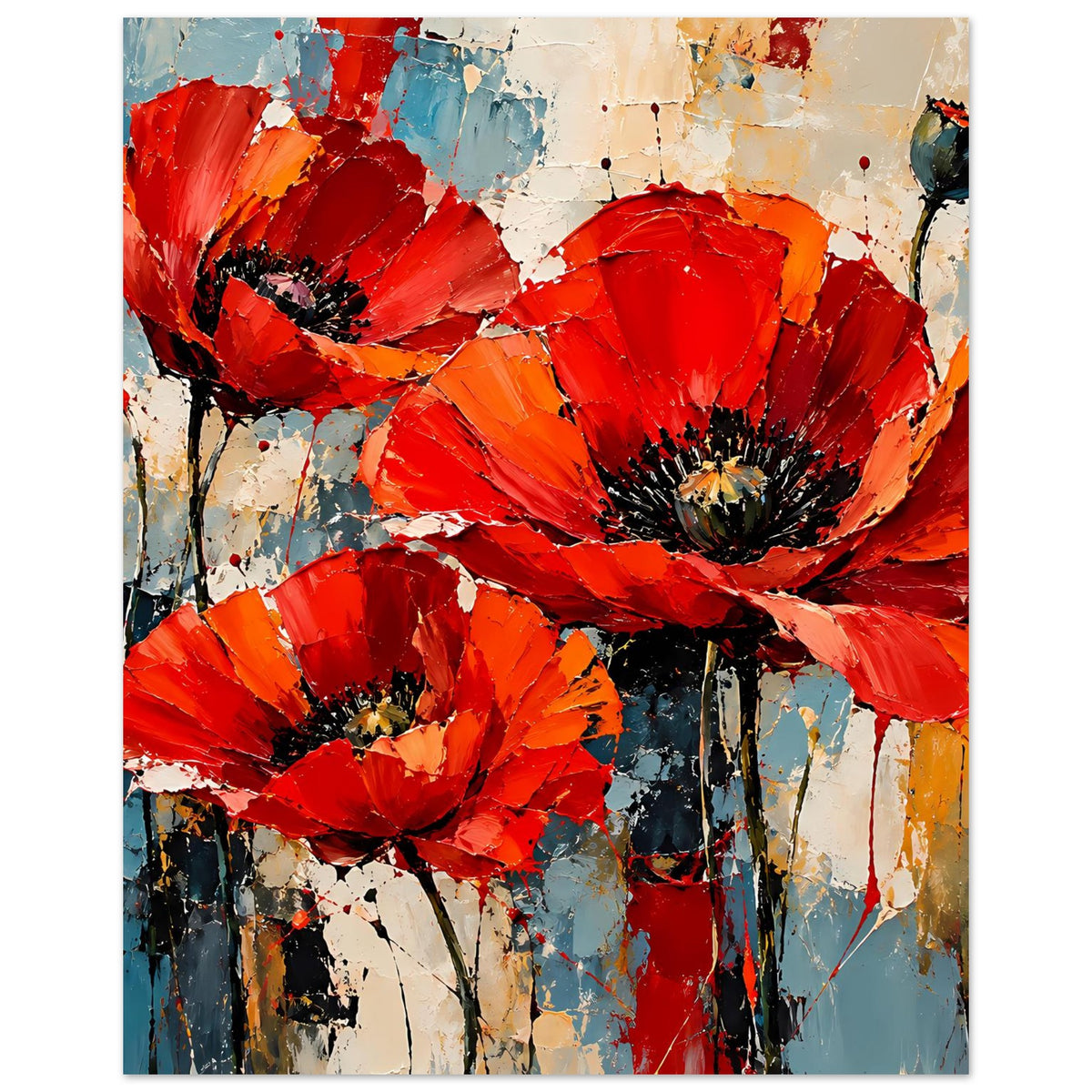 Hochformatiges Poster mit abstrakten roten Mohnblumen und kräftigen Farbflecken