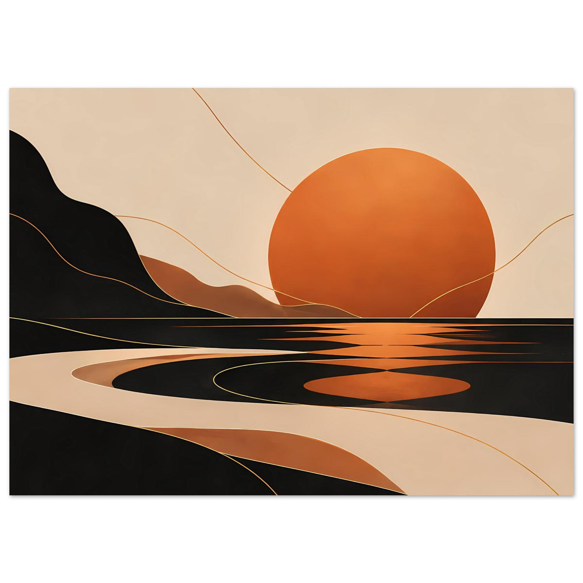 Horizontales Poster mit orangefarbener Sonne, schwarzen Kurven und goldenen Kreisbögen