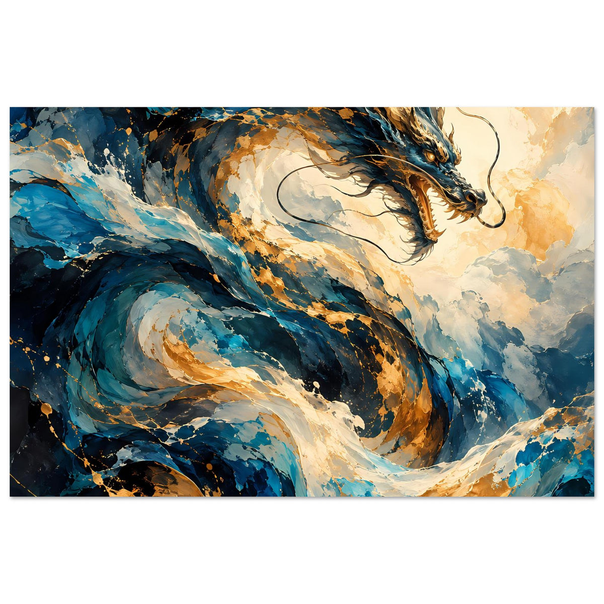 Fantasy-Drachenposter im Querformat, Drache mit geöffnetem Rachen, Blau & Gold