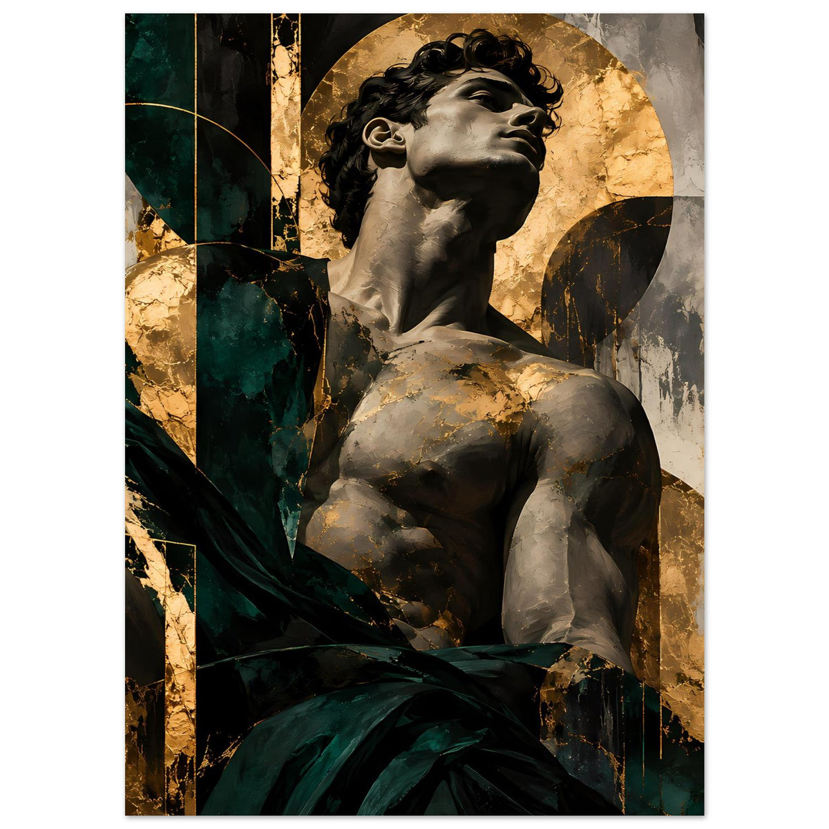 Kunstposter der Statue mit gewelltem Haar, dunkles Grün, goldene Hintergründe und Deko