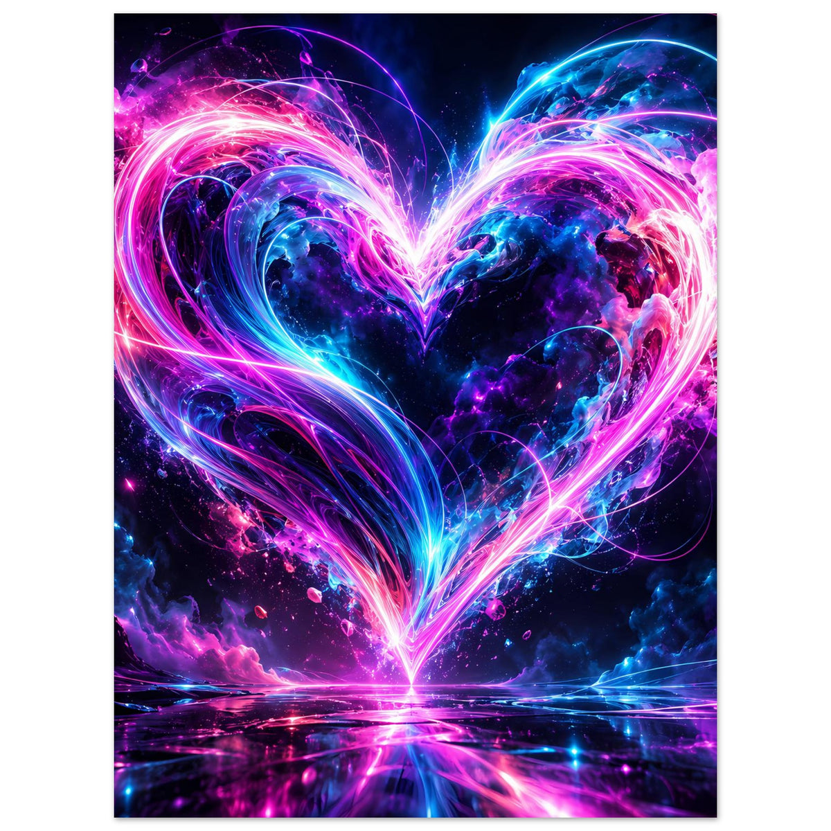 Neon-Herz Poster mit rosa-blauen Neonlinien und abstraktem Sternnebel-Motiv