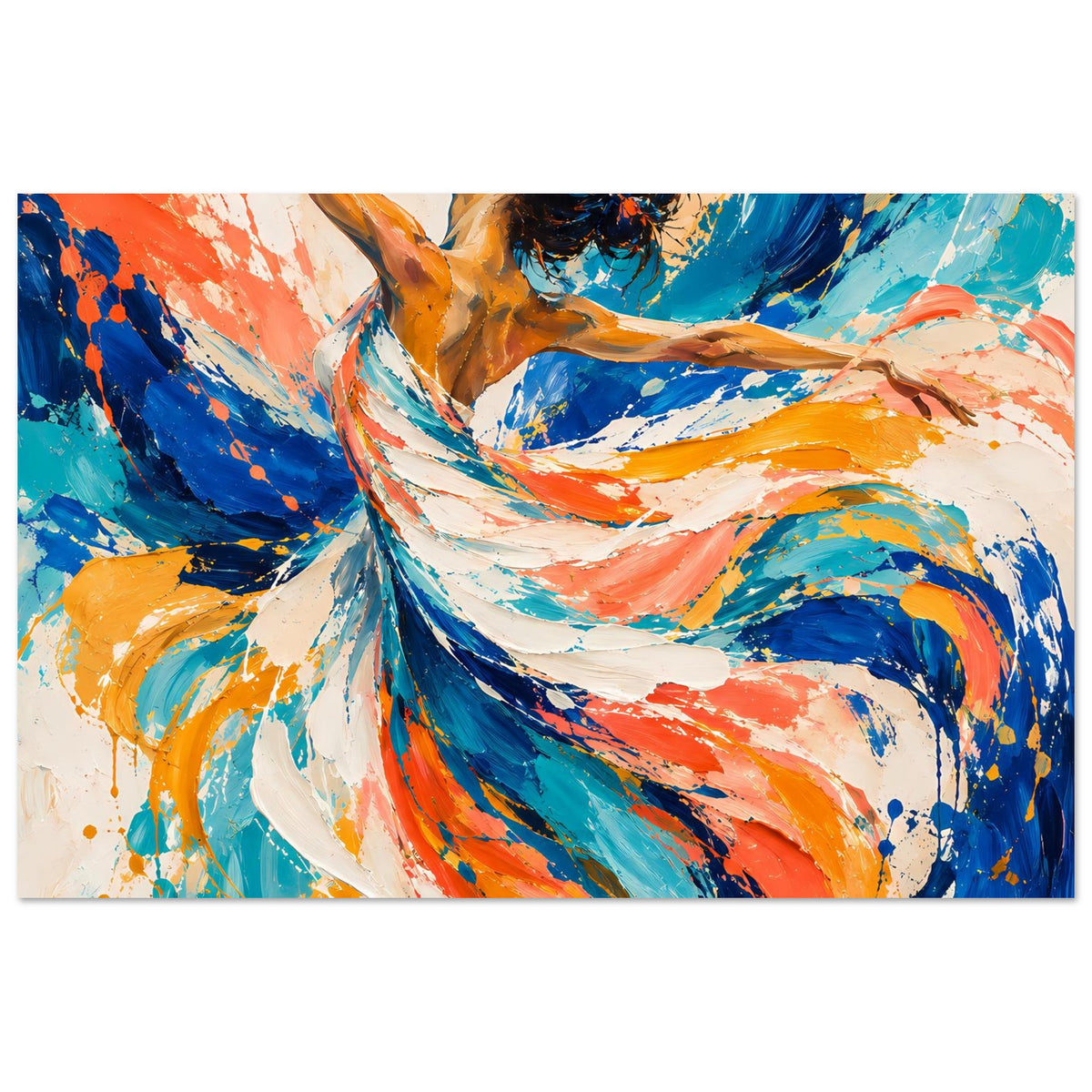 Kunstposter im Querformat mit abstrakter Tänzerin, kräftige Blau- und Orangeschwingen.