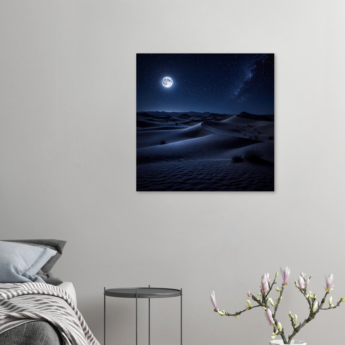 Kleines Poster an der Wand mit Wüstenlandschaft bei Nacht, Vollmond und Sterne