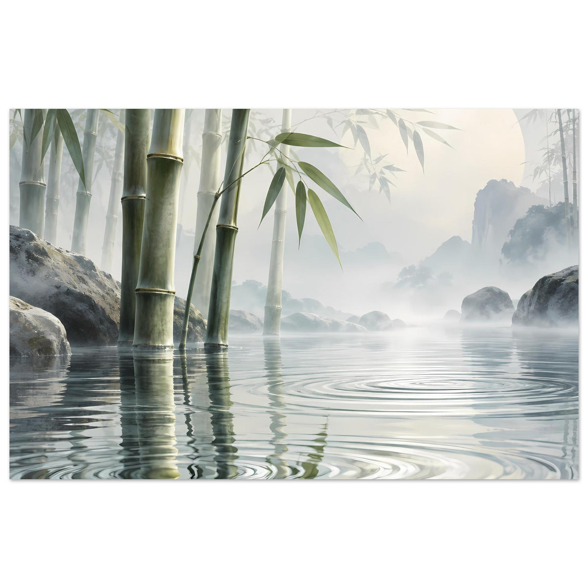 Poster mit Bambus und Wasserreflexionen, horizontale Ansicht mit Nebel und Felsen