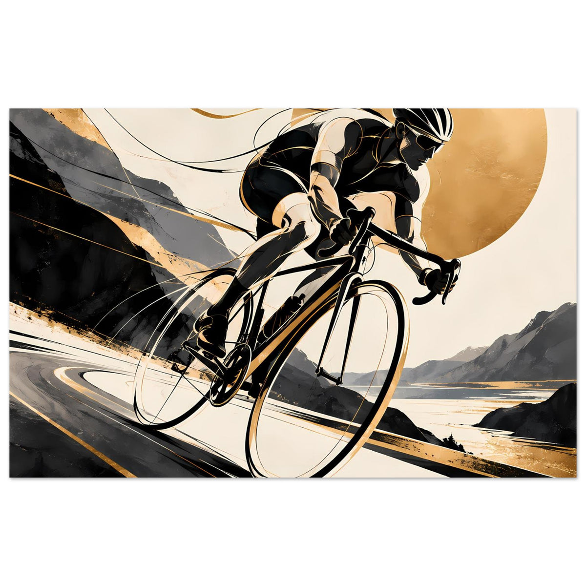 Sportposter im Querformat: Radfahrer auf Fahrrad, schwarz-goldenes Design mit abstrahierter Bahn