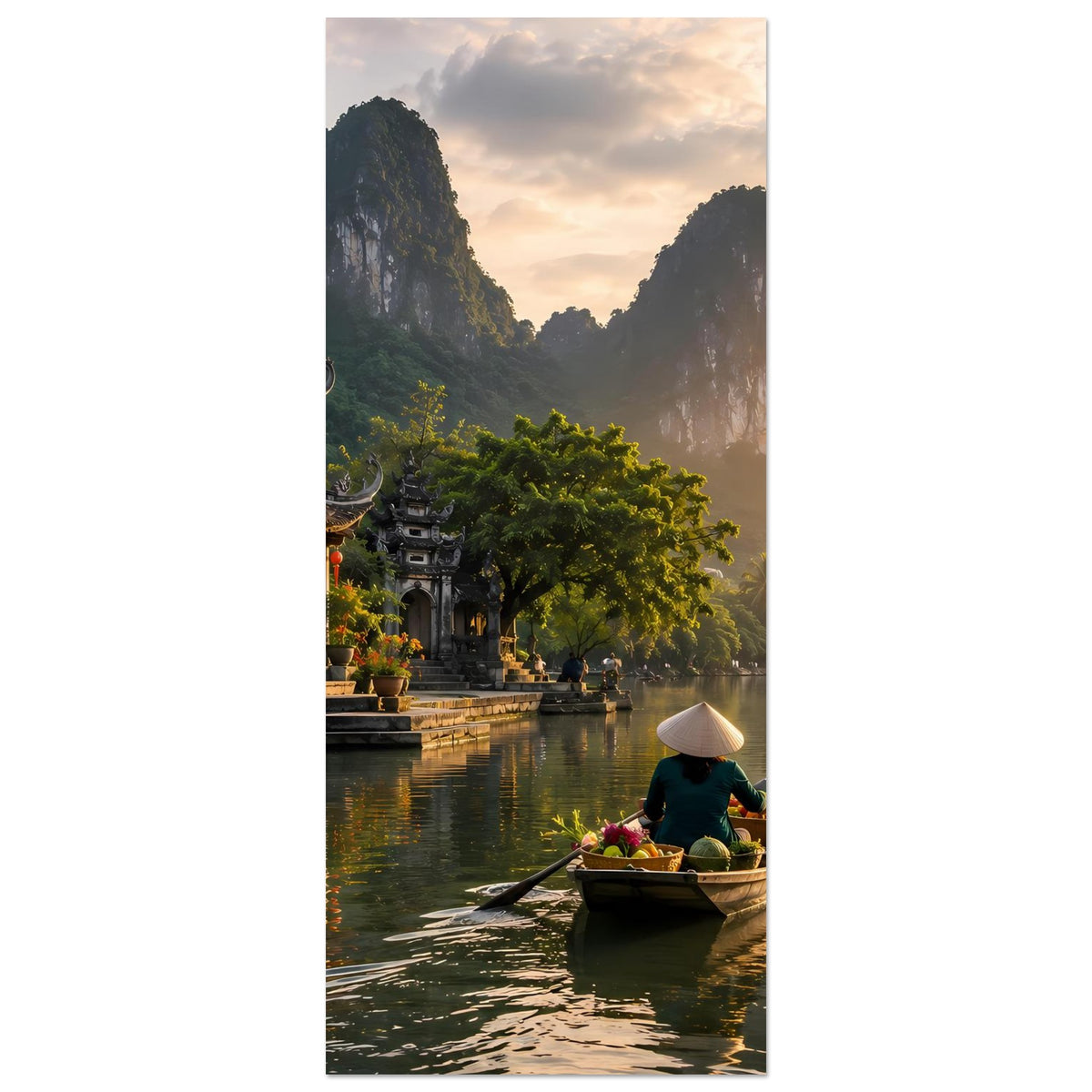 Hochformat-Poster mit Fluss bei Sonnenuntergang, Ruderboot vorn und Berge im Hintergrund.