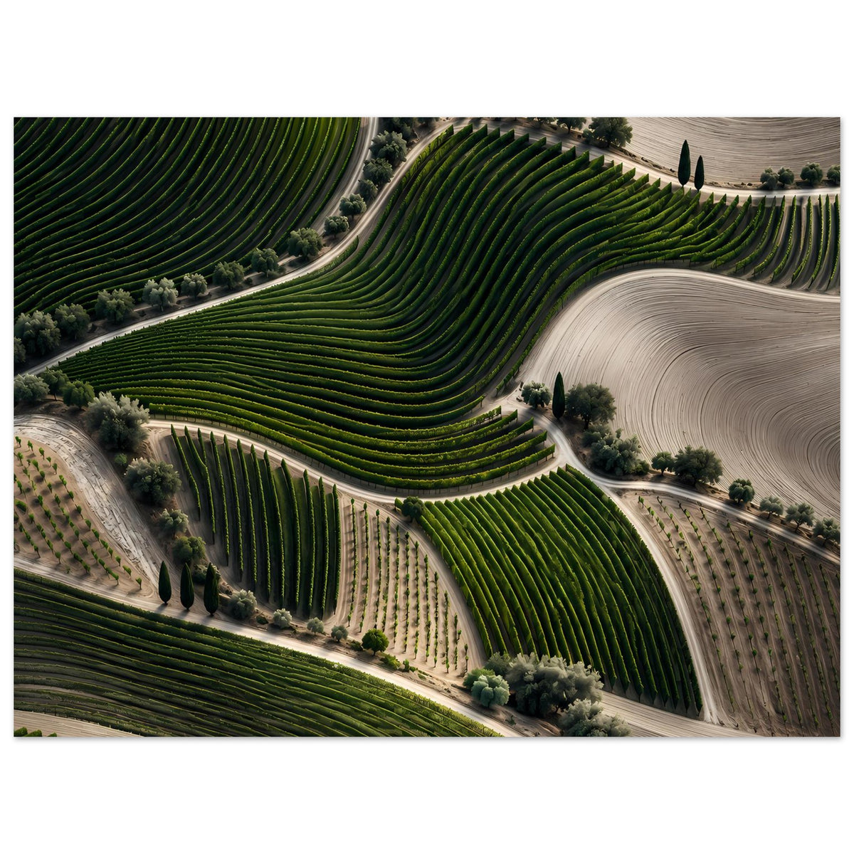 Landschaftsposter: Weinberge mit grünen Terrassenlinien, hell beige Flächen und Wege