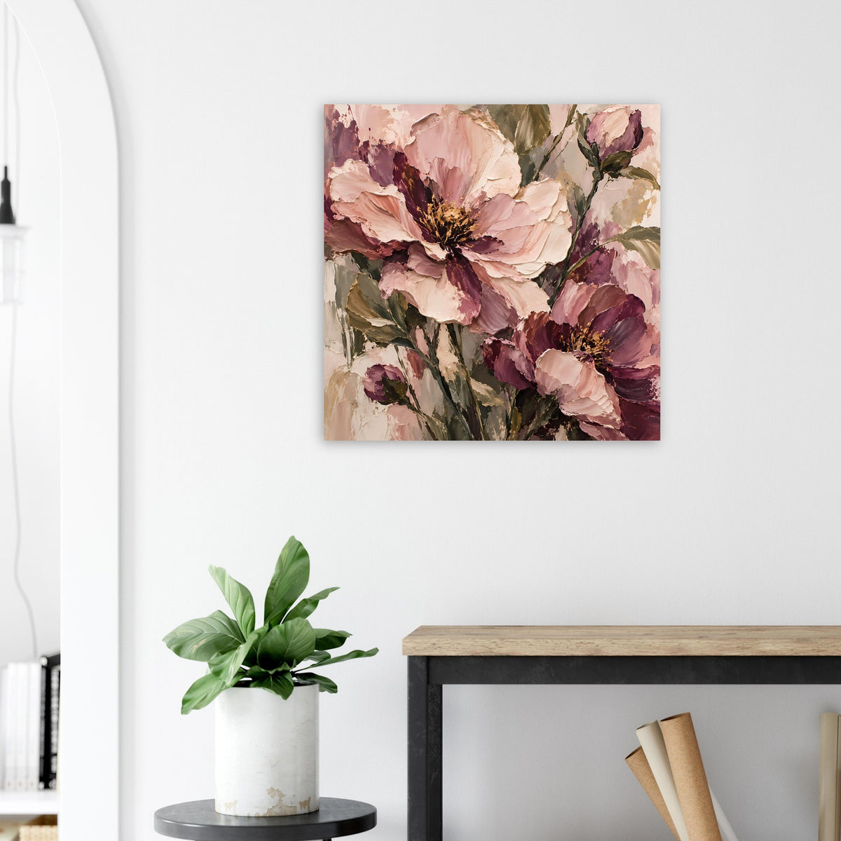 Blumenposter: große rosa Blüten mit mauven Akzenten und dunklen Blütenzentren