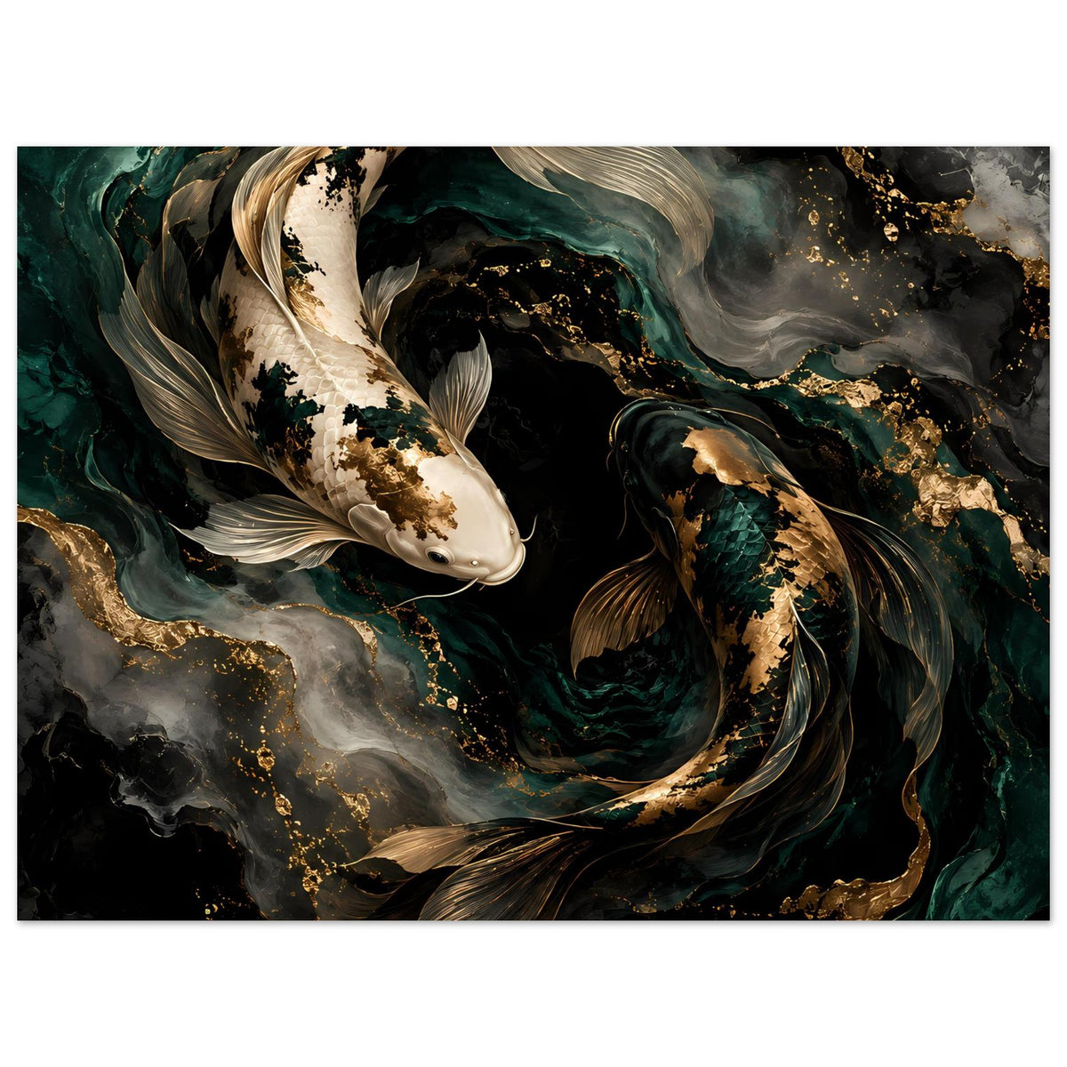 Kunstposter mit Koi-Fischen: weiß-goldener und dunkelgrüner Fisch auf abstrakten Wellen