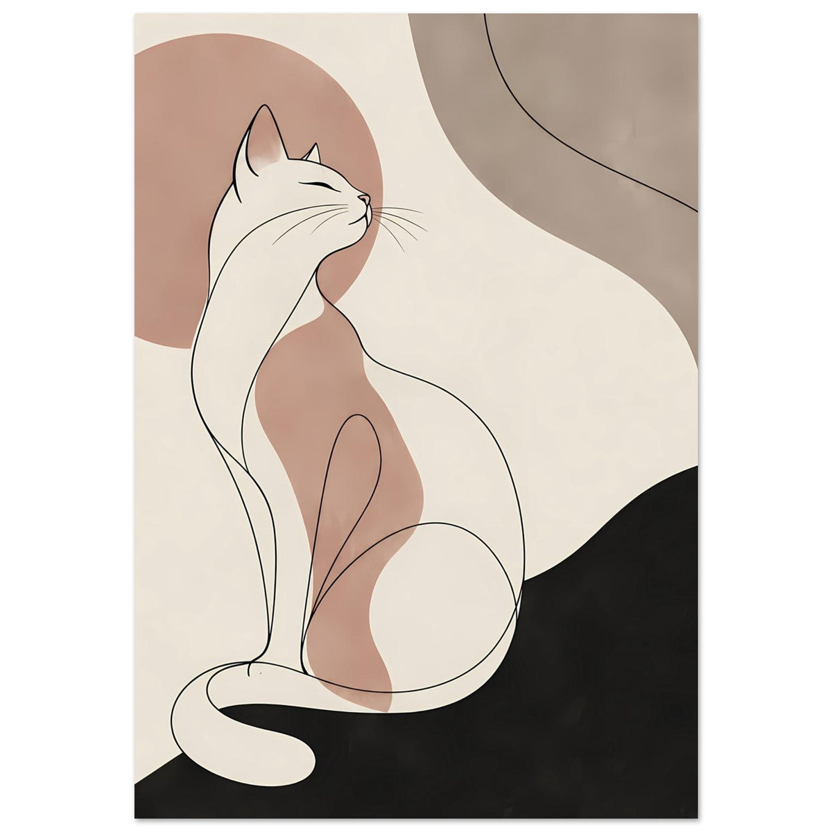 Minimalistisches Katzenposter mit sitzender Linienzeichnung in Erdtönen