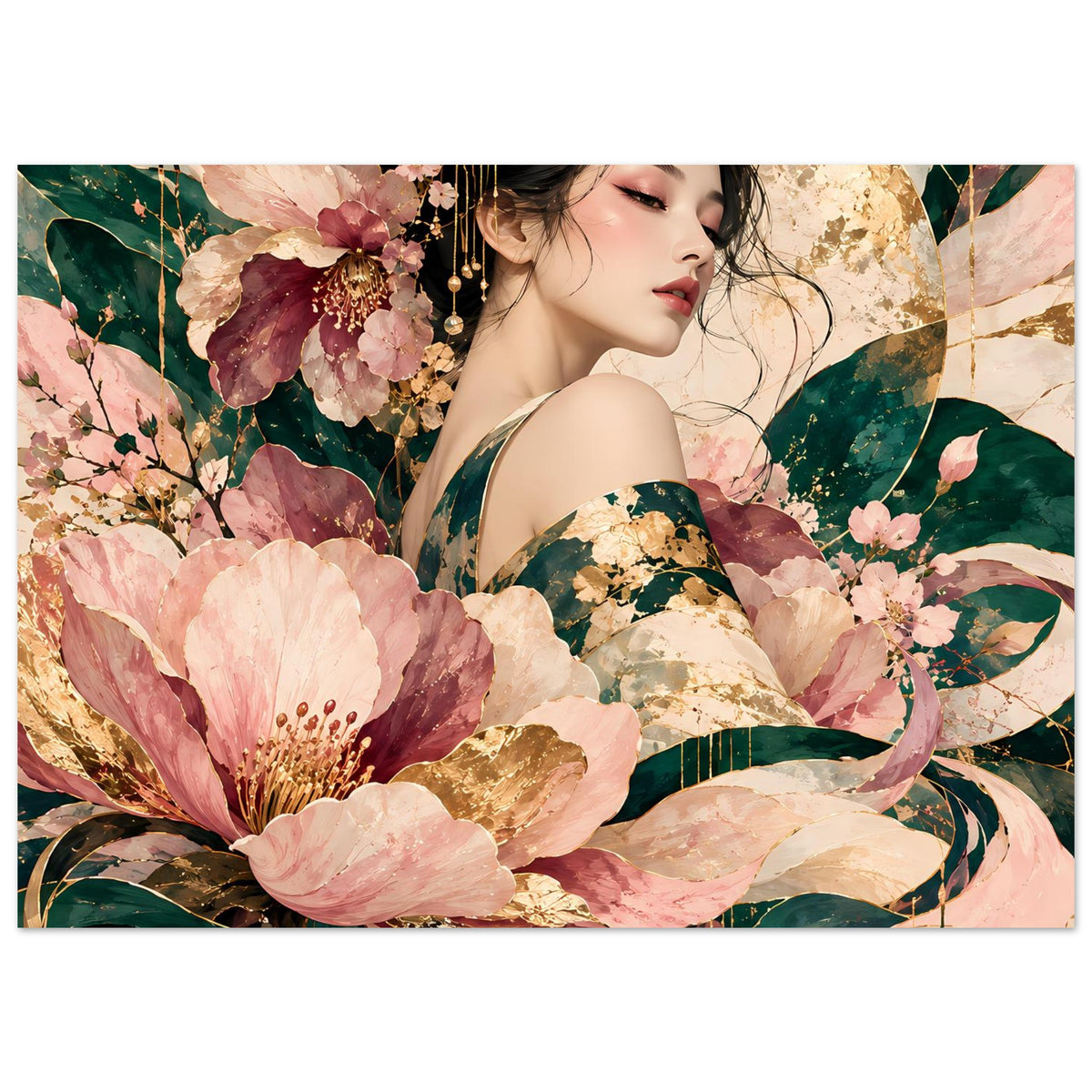 Blumenposter Querformat mit Porträt einer Frau, großen rosa Blüten und goldenen Details