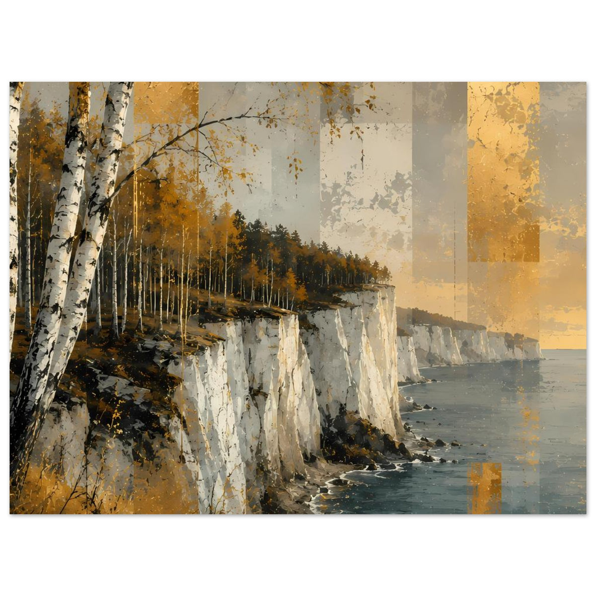 Poster, horizontales Motiv: goldene Küstenklippen, Birkenwald am Felsufer, Meer