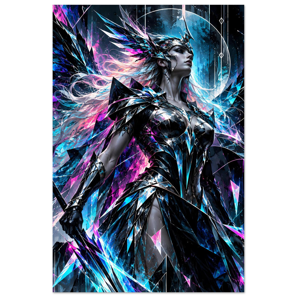 Neon-Valkyrie-Poster im Hochformat, gerüstete Figur mit blauen und magenta Lichtern