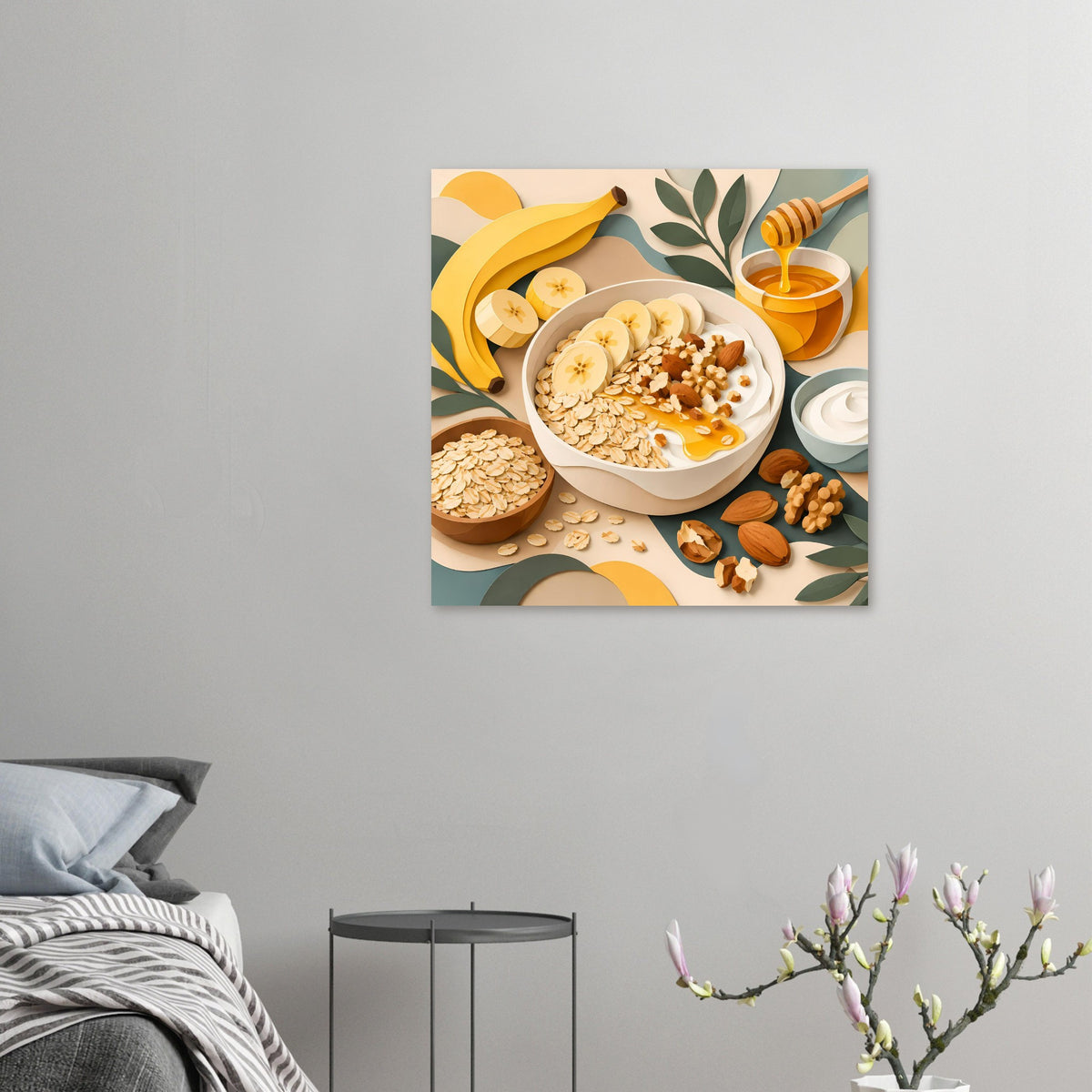 Kleines Poster mit Frühstücksmotiv an Wand: Schüssel mit Müsli, Honig und Nüsse