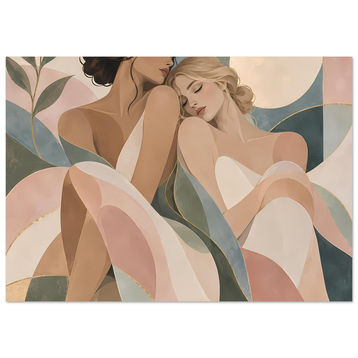 Kunstposter: zwei Frauen und geschwungene Drapierungen in Pastell, goldene Konturen