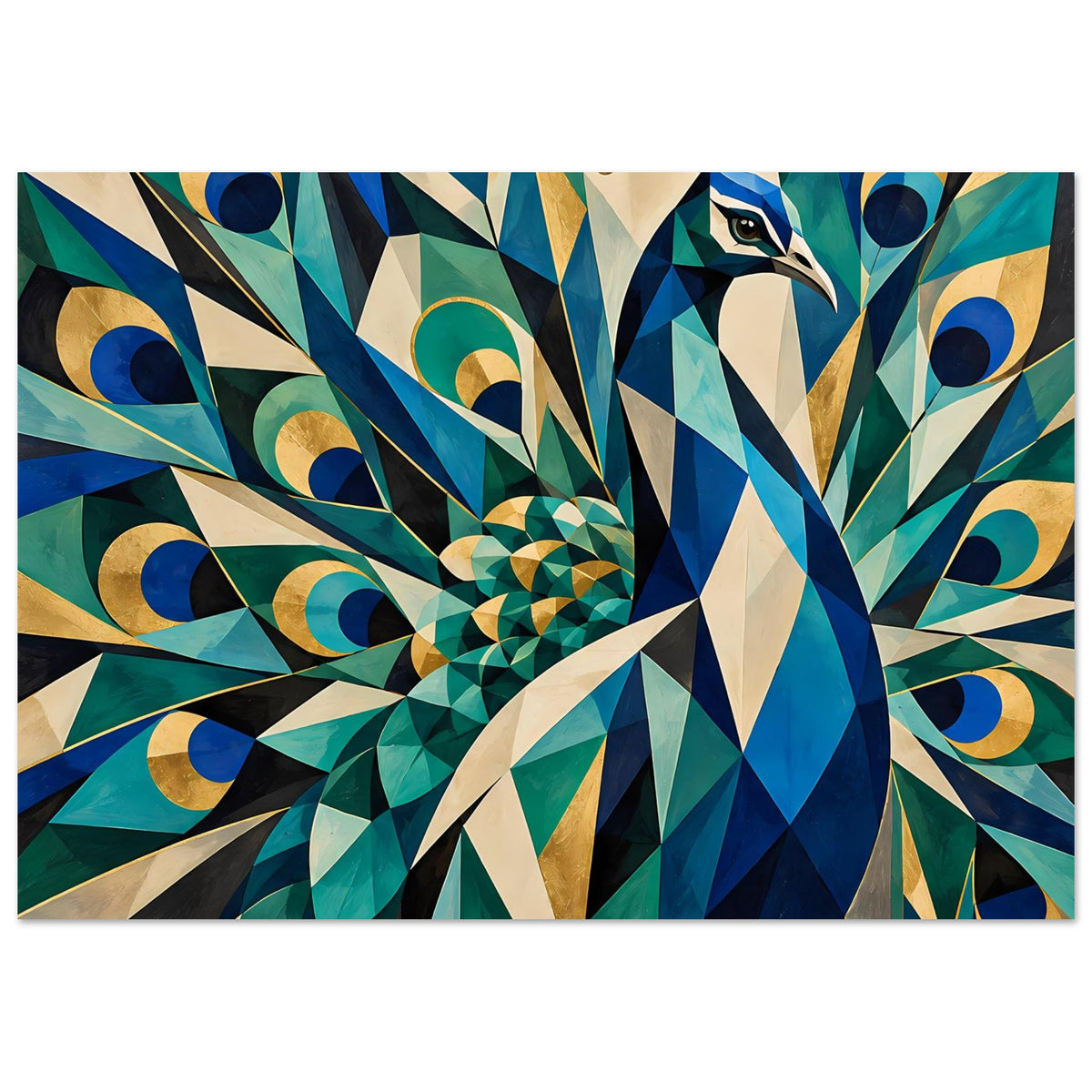 Breites Poster mit geometrischem Pfau, türkis-blaue Federn und goldene Ornamente