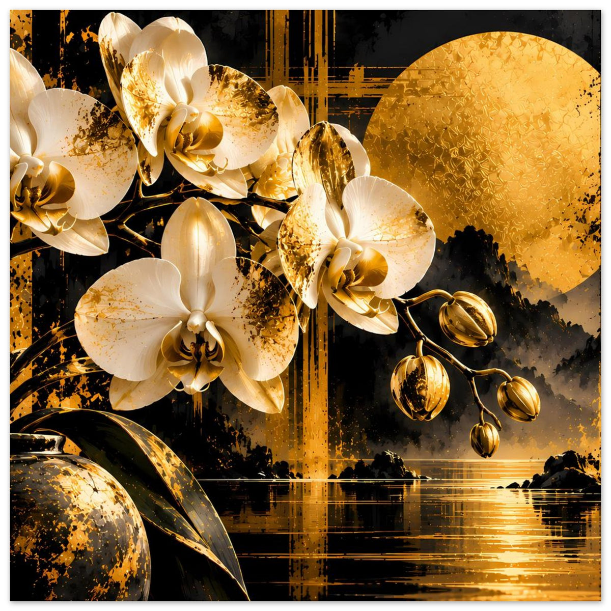 Poster mit Orchideen, goldenen Knospen und dunklem Himmel; Blick auf Wasser unten