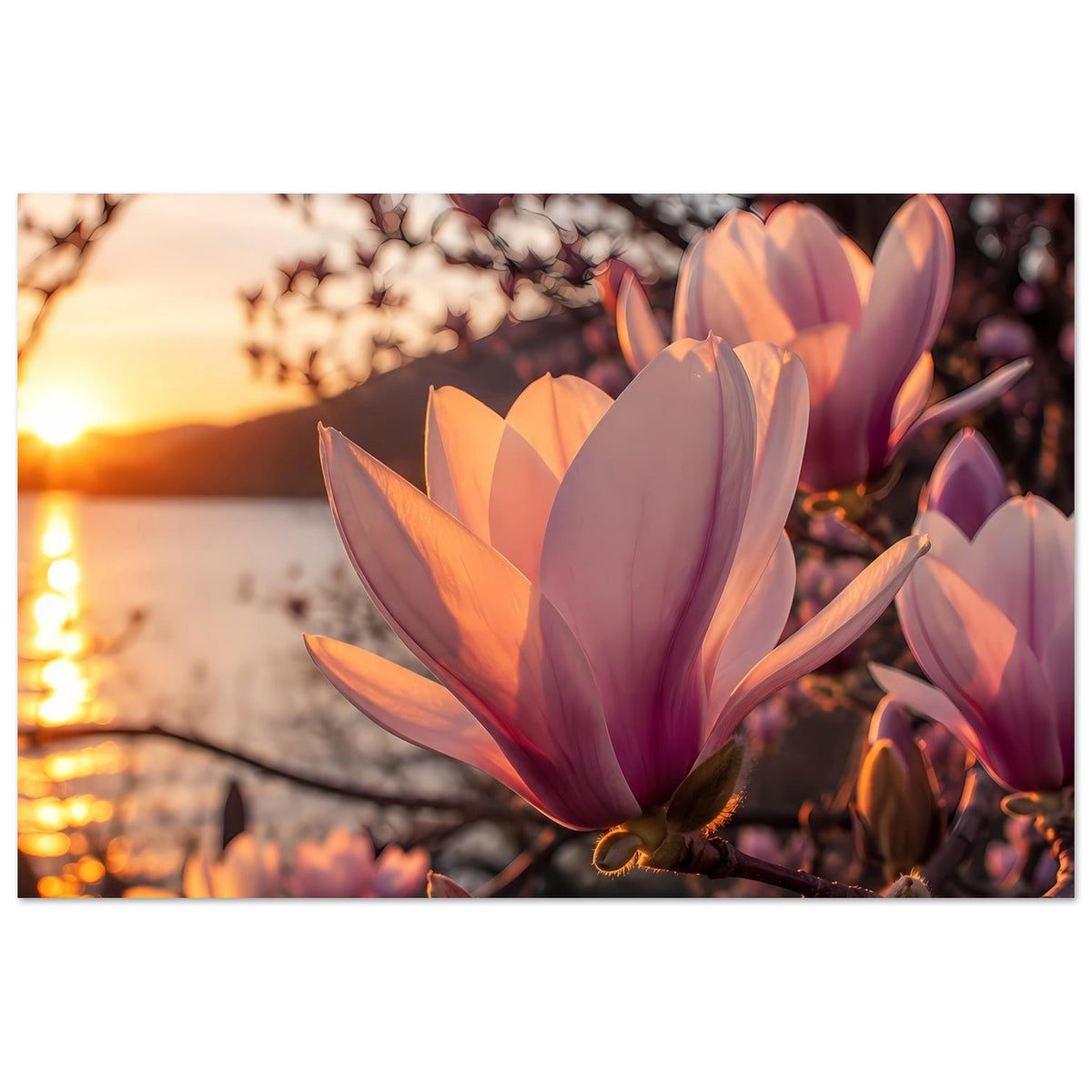 Magnolienblüten-Poster: große rosa und orange Blüte auf dunklem Ast