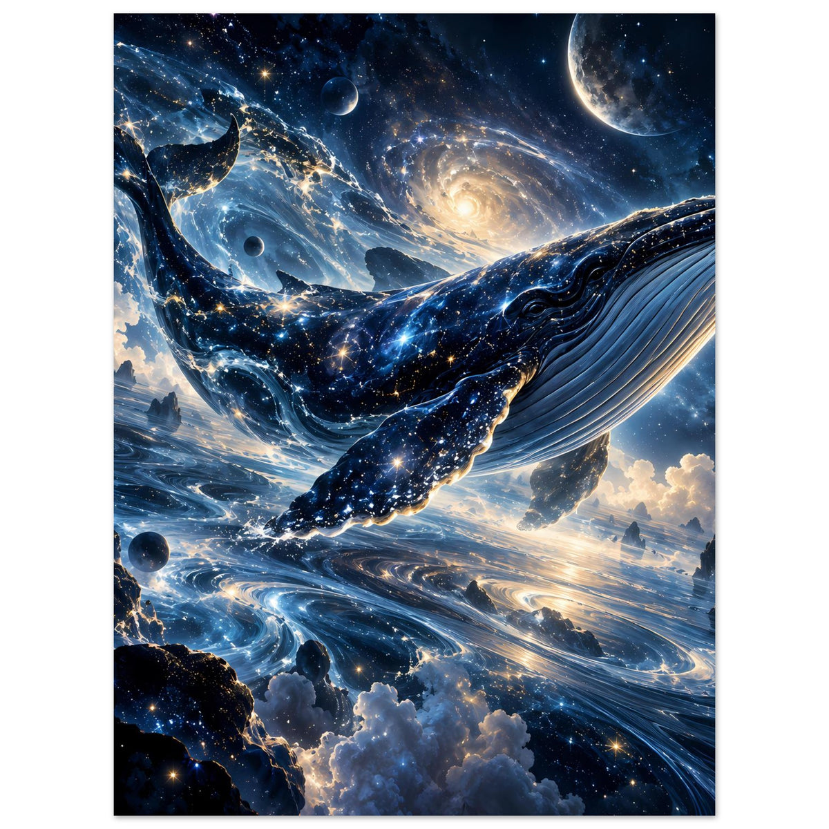 Kosmisches Fantasy-Poster im Hochformat: Wal mit galaktischen Strukturen und Planeten