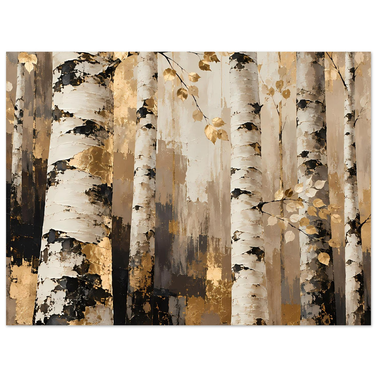 Naturposter mit Birkenstämmen und goldenen Blattzweigen, warmes Beige-, Braun- und Graubraun