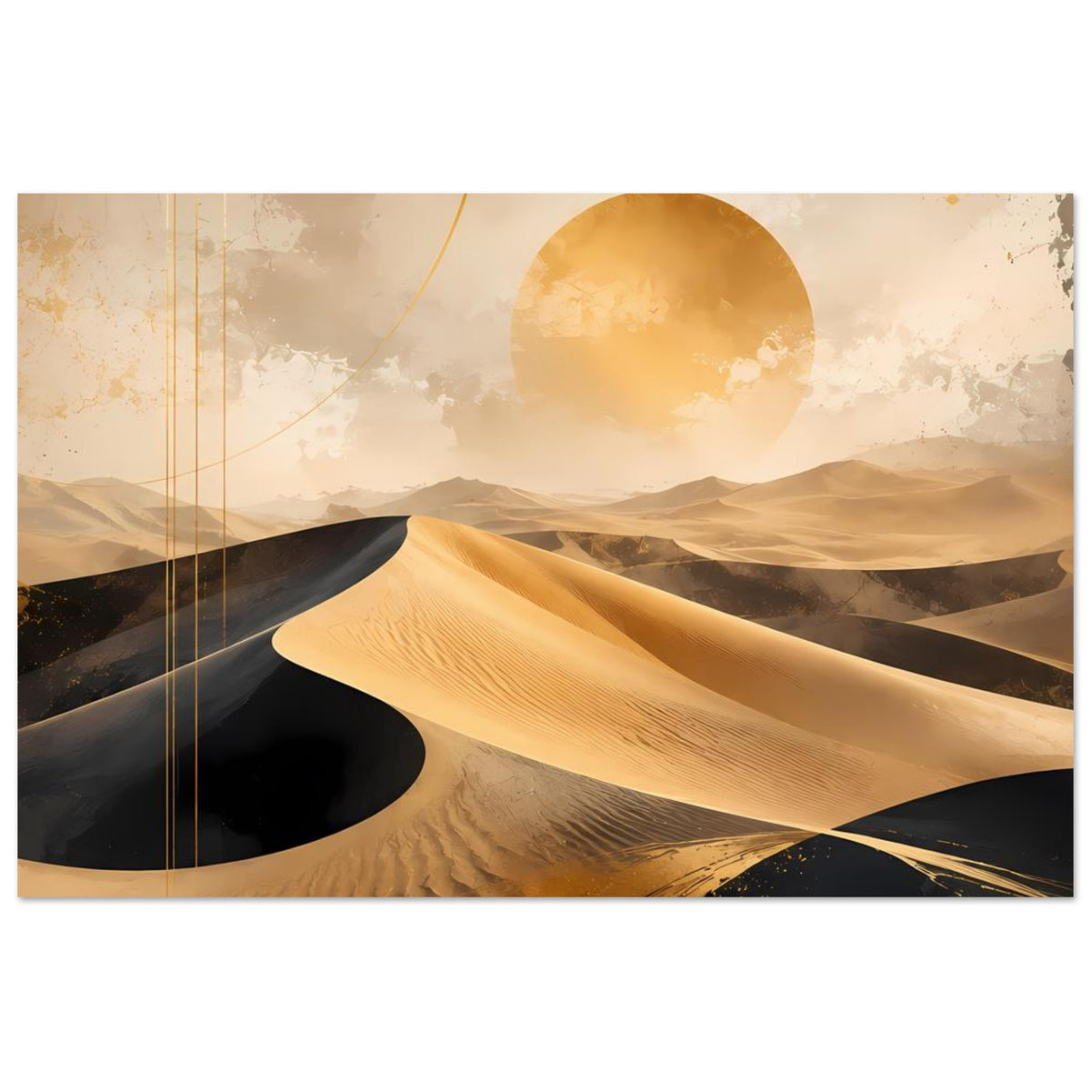 Wüstenposter querformat mit goldenen Dünen, schwarzem Sand und großer Sonnenscheibe