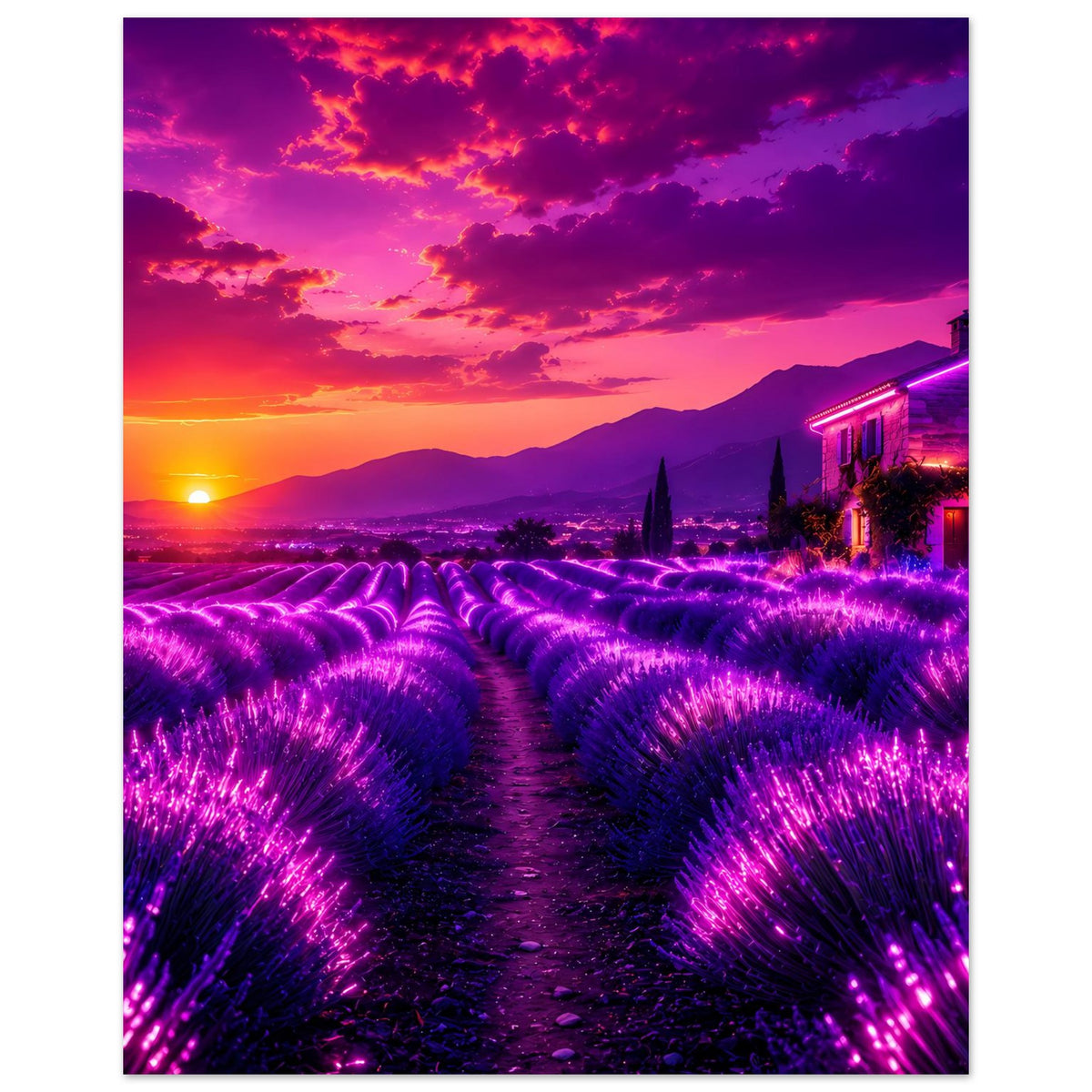 Premium-Poster mit leuchtenden Lavendeldünen und Sonnenuntergang, Haus rechts, Hochformat