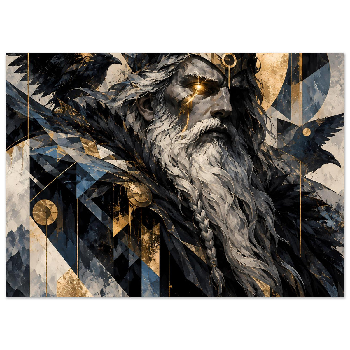 Poster mit Odin-Porträt und Rabe, goldene Kreise sowie geometrische Runen in Schwarz, Gold, Blau