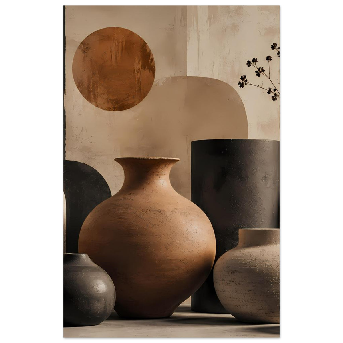 Poster mit Keramikvasen: terrakottafarbene große Vase und zwei weitere helle und dunkle Gefäße