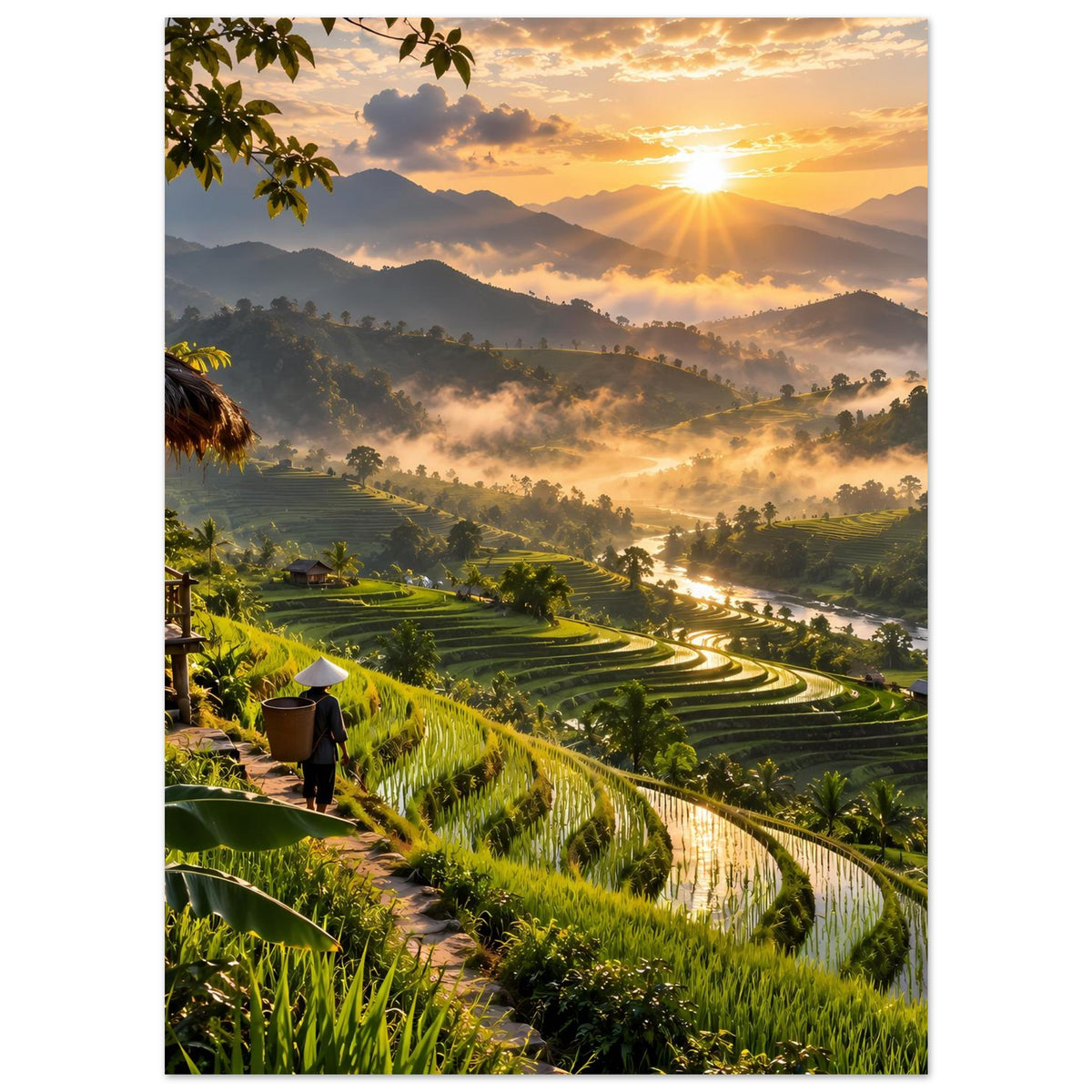 Landschaftsposter im Hochformat mit Aussicht auf Reisterrassen, Palme und Sonnenstern