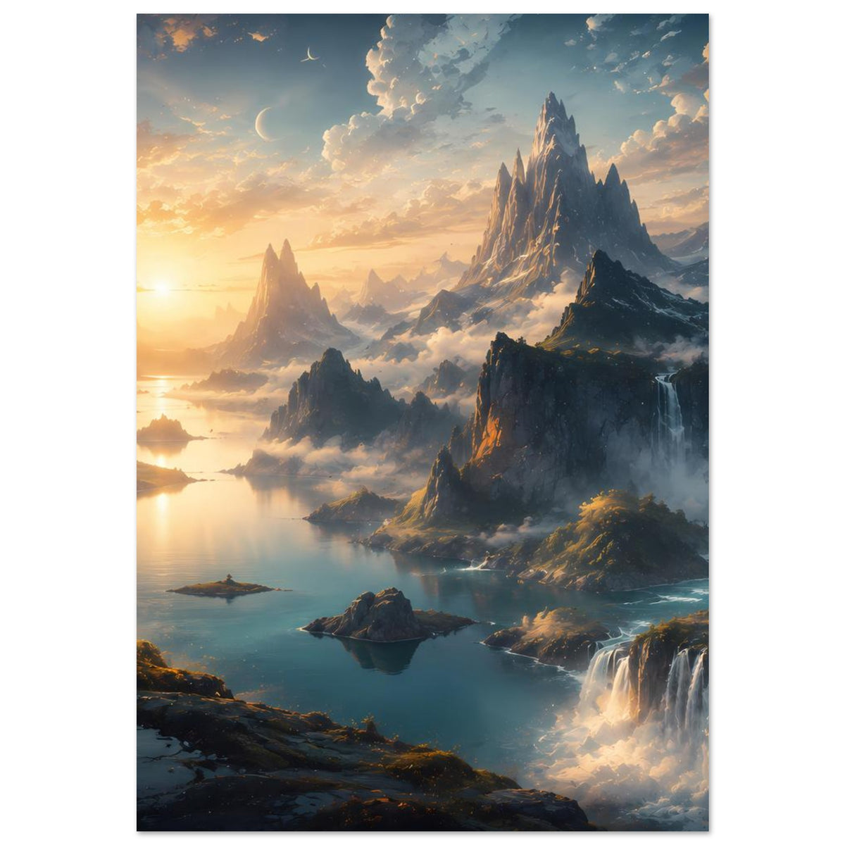 Poster Bergwelt mit Wasserfällen, dunstigen Schluchten und Sonnenstrahlen am See
