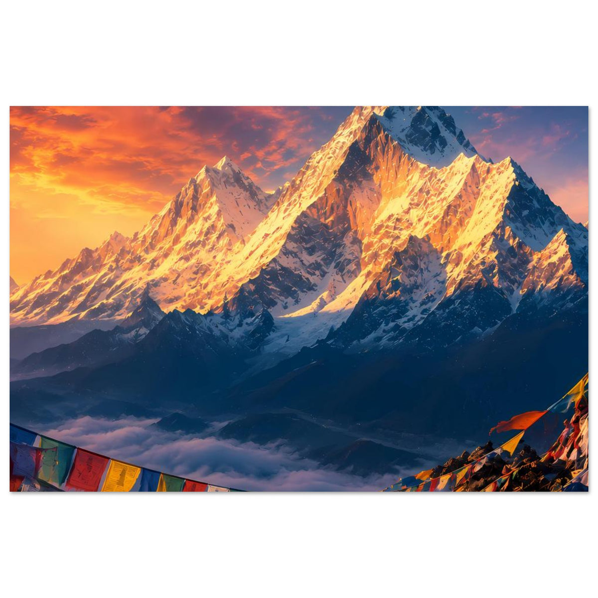 Querformat-Poster mit Himalaya bei Sonnenaufgang, warme Gipfelleuchten und farbige Gebetsfahnen