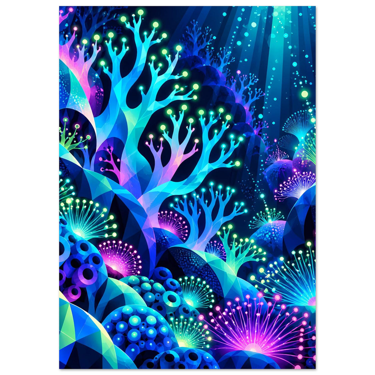 Neon-Unterwasserwelt-Poster im Hochformat mit farbigen Korallenformen und Kugel-Lichtpunkten, blau/türkis.