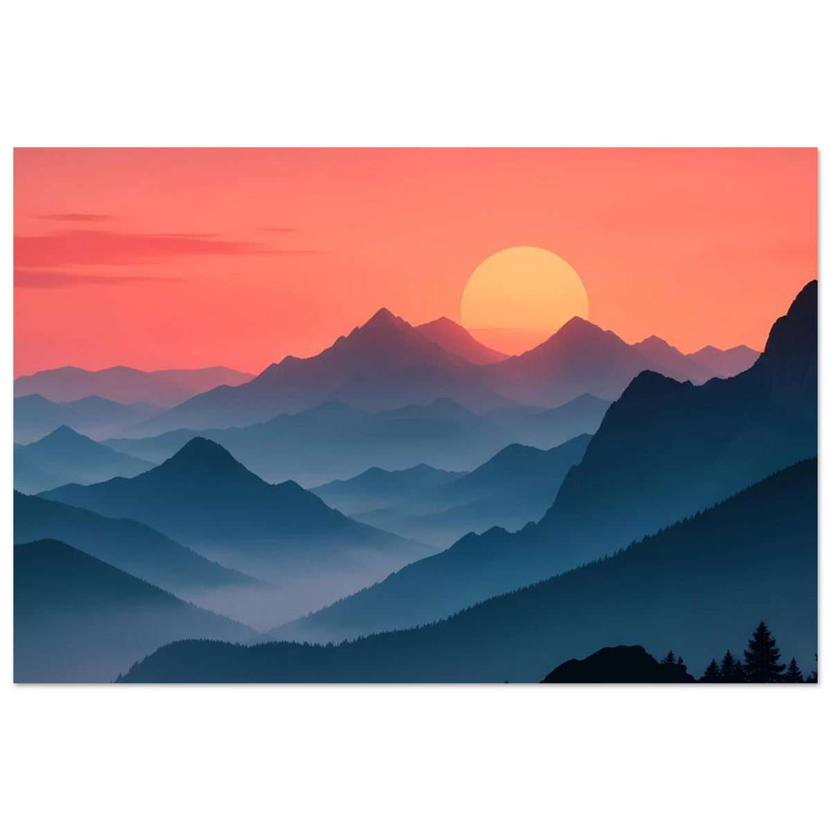 Landschaftsposter mit pastellrotem Himmel, großer Sonne und blauen Bergsilhouetten
