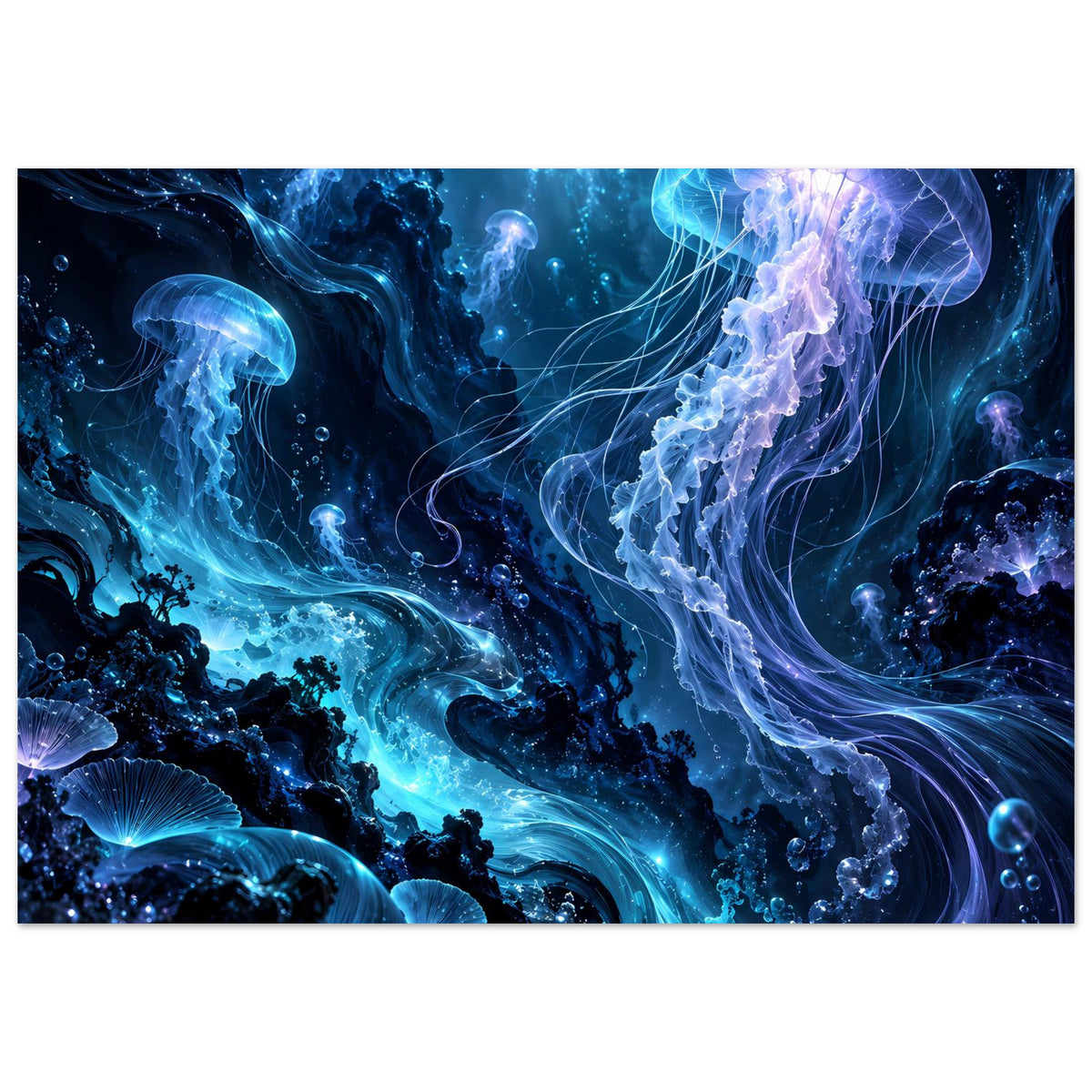 Unterwasserposter: blau leuchtende Quallen mit langen Tentakeln und schimmernden Blasen