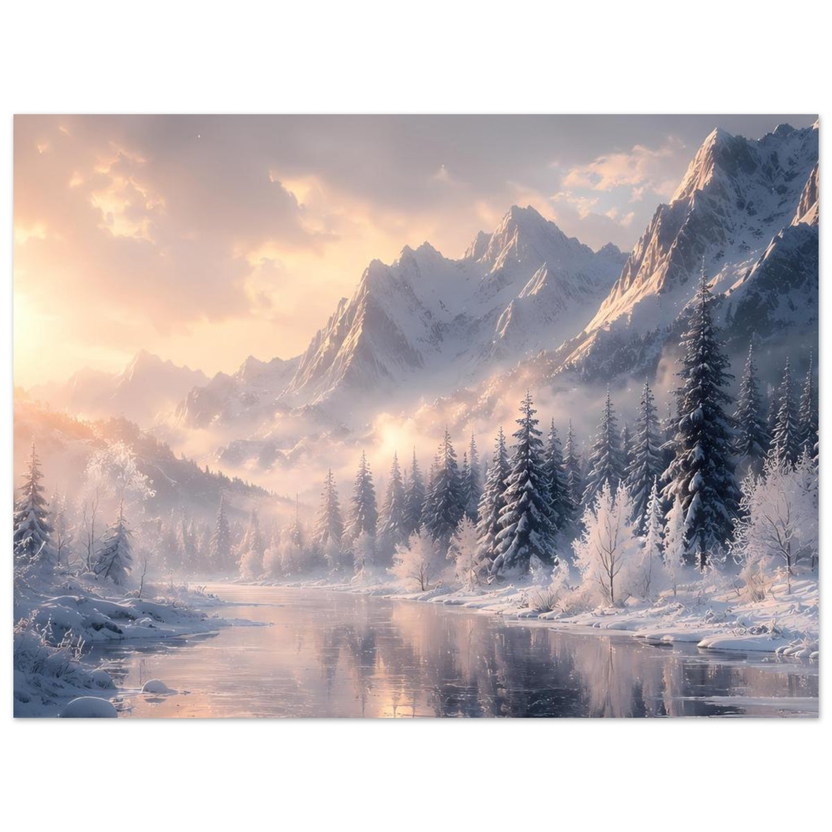 Winterlandschaft-Poster im Querformat: winterliche Berge mit Tannen, Schnee und warmem Licht am Himmel