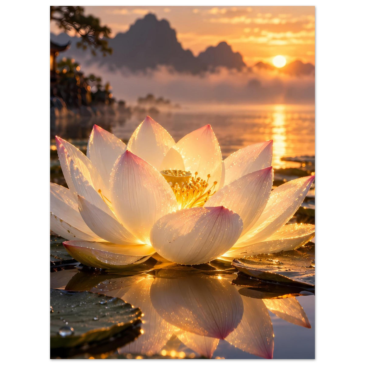 Poster mit leuchtender Lotusblüte, goldener Blütenmitte und weißen Blütenblättern
