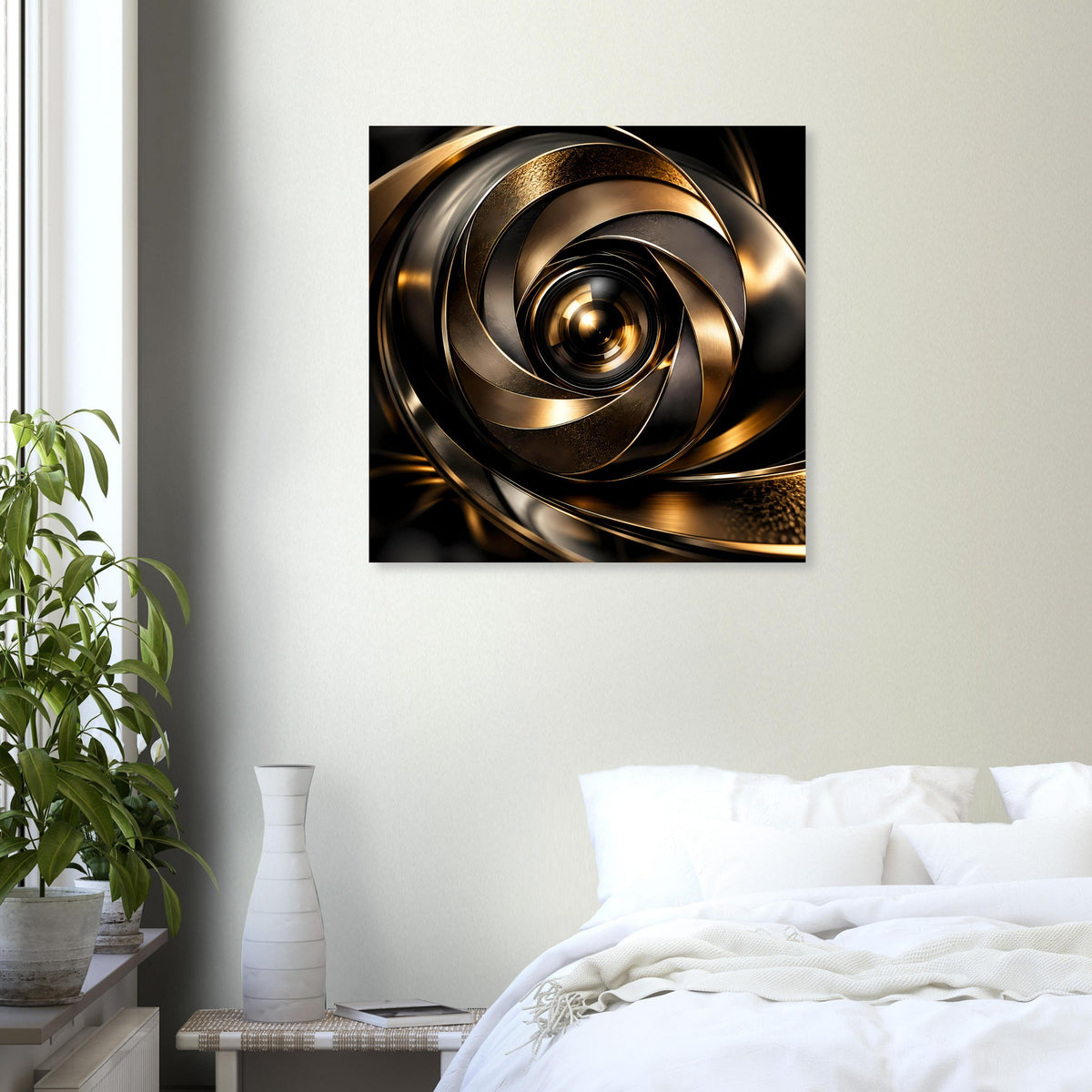 Poster mit gold-schwarzer Spirale aus konzentrischen Kreisen, abstraktes Design