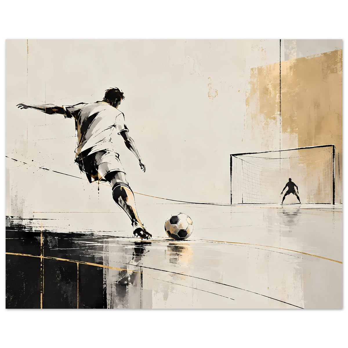 Querformat-Poster mit Fußballer in Aktion, Ball und Tor im reduzierten Beige-Schwarz-Stil