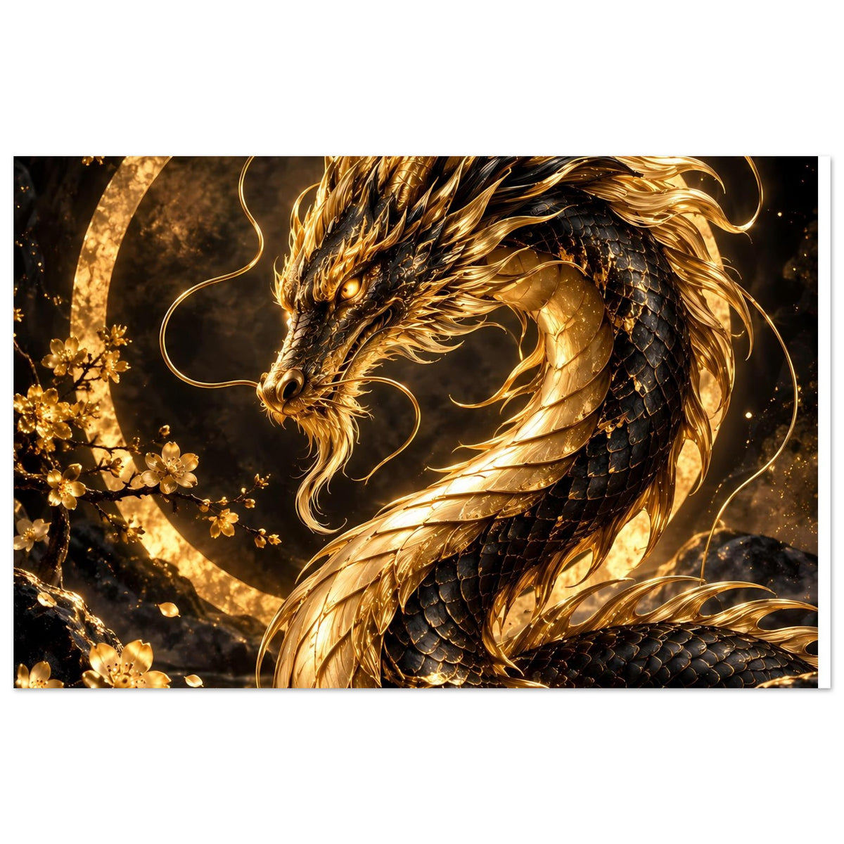 Drachen-Poster im Querformat: goldene Flügel-Schwingen und Blüten am Rand