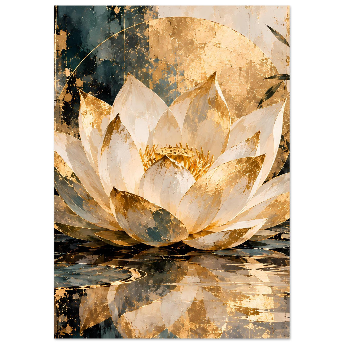 Poster mit Lotusblüte im Detail, weiße Blütenblätter und goldene Sprenkel, Hochformat.