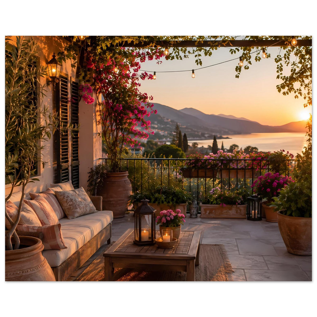 Wohnzimmerposter mit Sitzbank, Kerzenlaterne auf Tisch und Blick auf Berge im Sonnenuntergang