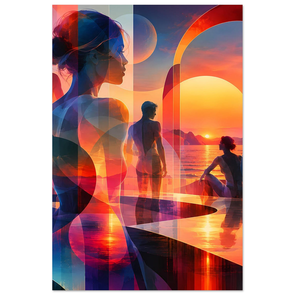 Kunstposter im Hochformat mit abstraktem Sonnenuntergang und Silhouetten, orange-blau