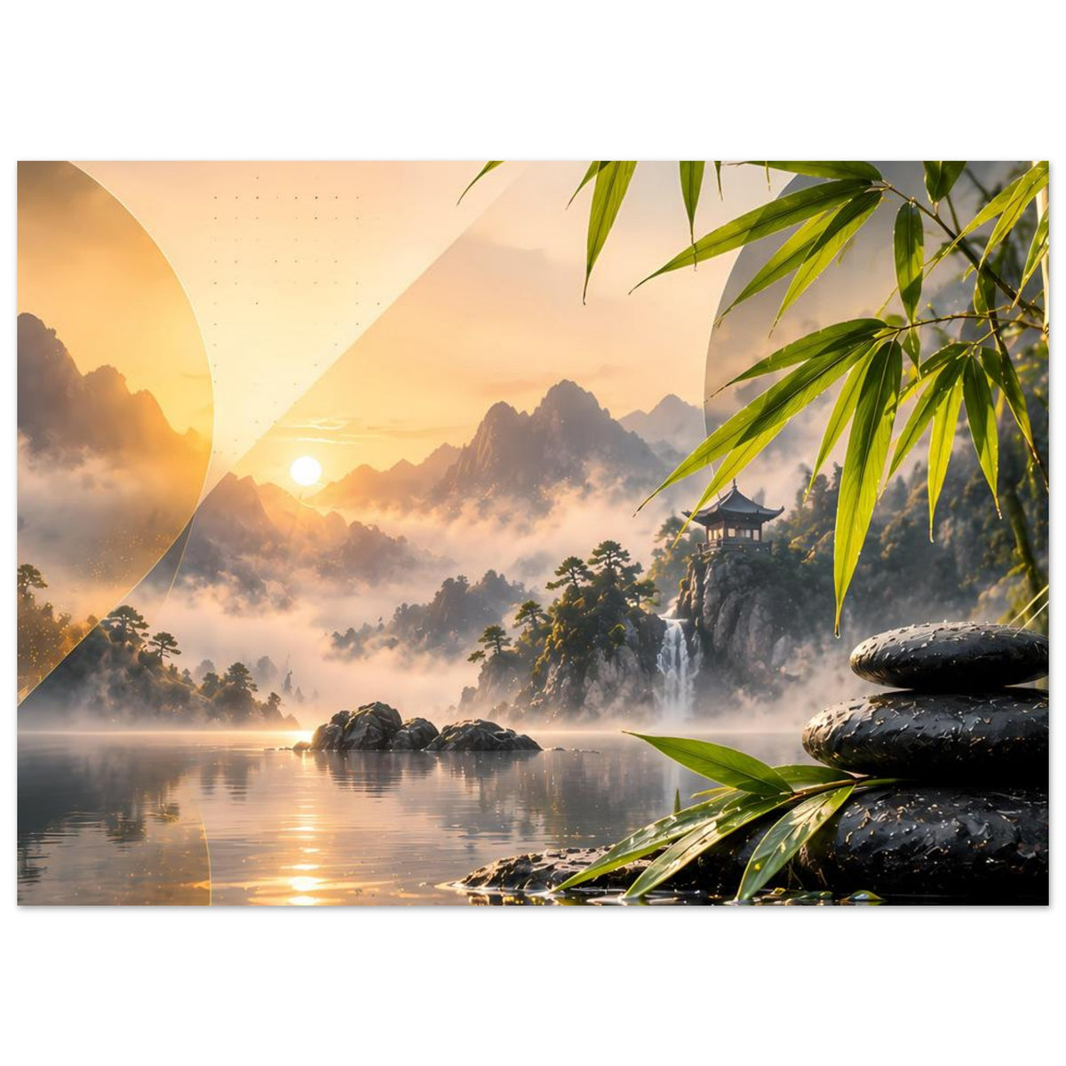 Zen-Poster mit Bergsee bei Sonnenaufgang, Bambusblättern oben und Steinhaufen rechts
