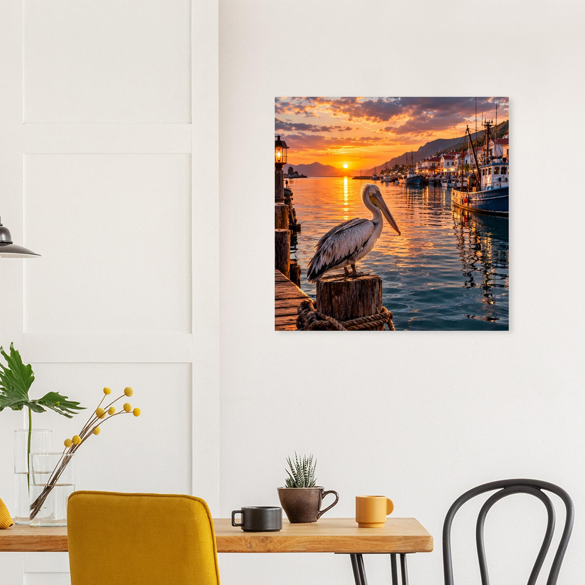 Wandposter mit Pelikan auf Holzpfahl, Sonnenuntergang über dem Hafen und spiegelndem Wasser