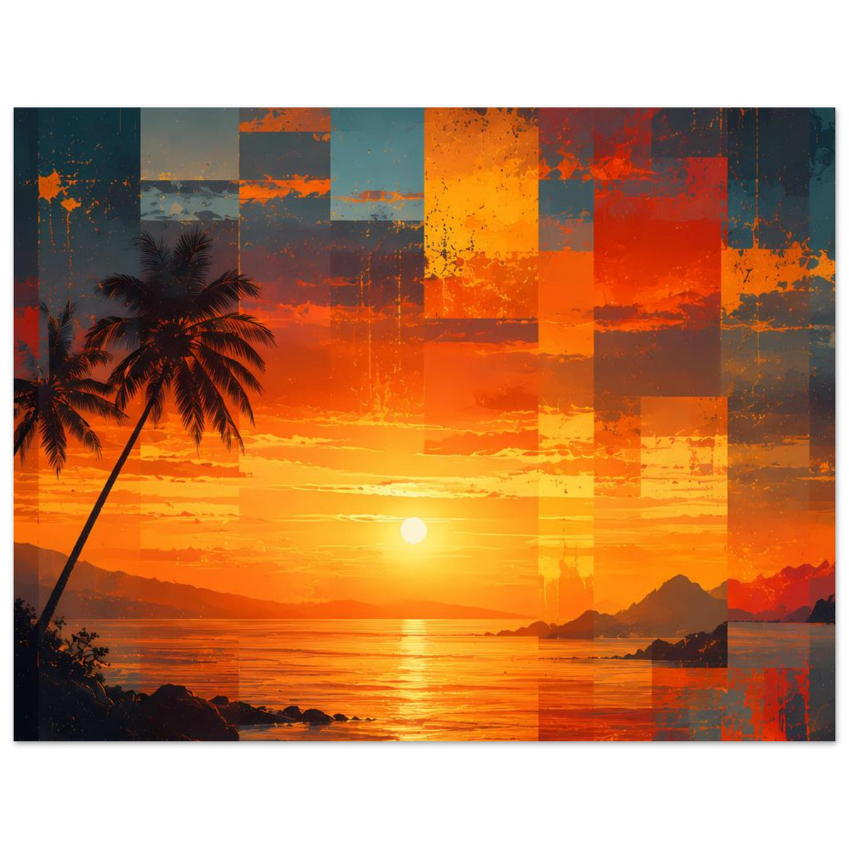 Poster: tropischer Sonnenuntergang, Palme links, Meer bei Sonnenuntergang im Patchwork