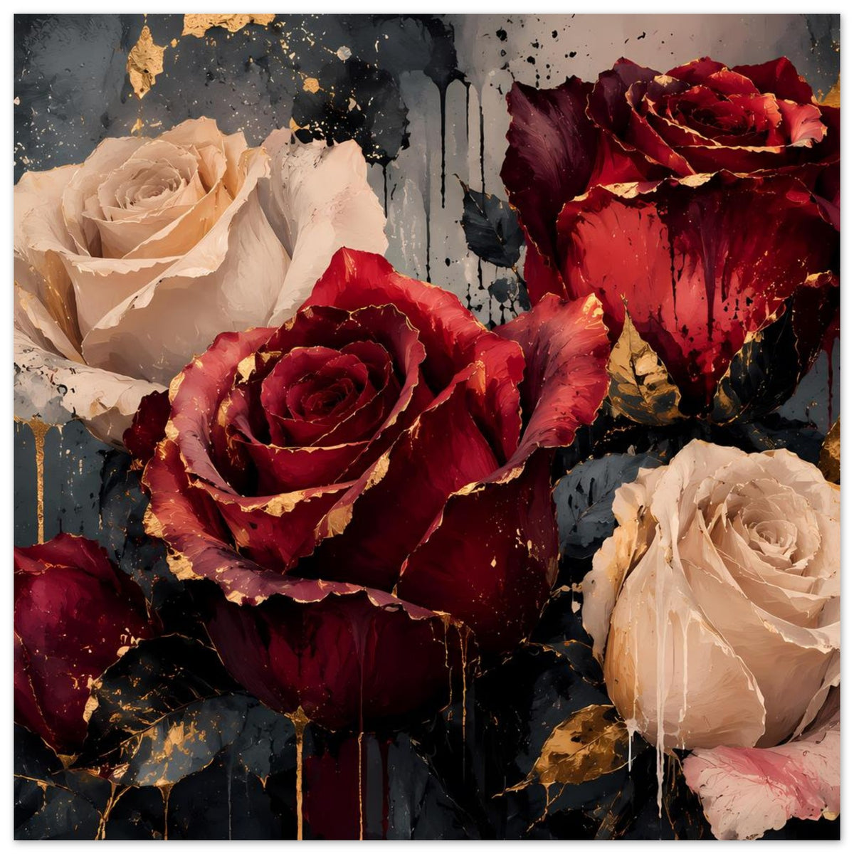 Kunstposter mit Rosen in Bordeaux, Creme und Dunkelrot mit goldenen Spritzakzenten