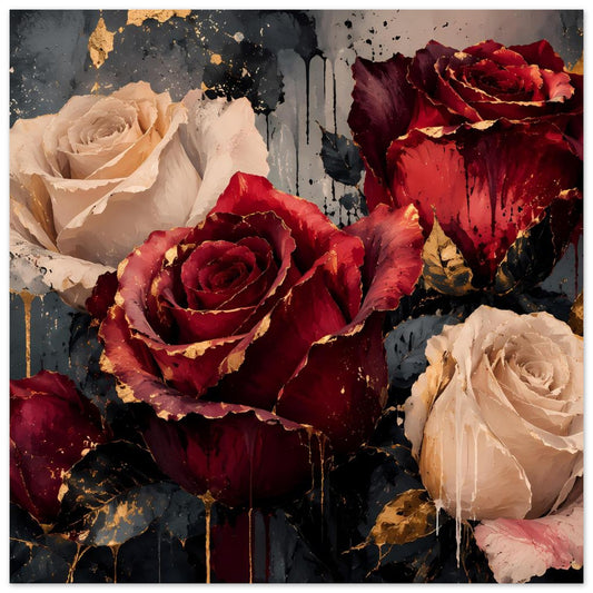 Kunstposter mit Rosen in Bordeaux, Creme und Dunkelrot mit goldenen Spritzakzenten